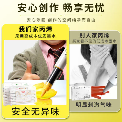 晨光大墨王软头丙烯马克笔直液式学生专用儿童防水美术手绘DIY不透可叠色画笔可水洗24色36速干48水彩笔套装 - 图3