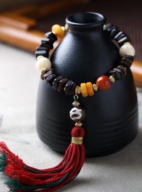 柏利来原创设计达拉干沉香木新中式手链蜜蜡碧玉牦牛骨财神天珠