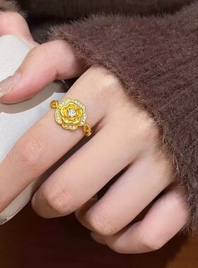 新款金色玫瑰戒指女款金色带钻玫瑰花时尚开口指环玫瑰花戒指指环