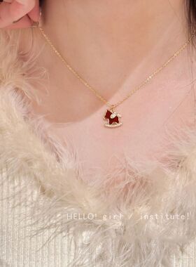 马上有钱~新中式红色微镶小马吊坠项链精致小众马年本命年锁骨链