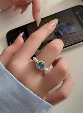 海蓝宝珍珠戒指大海蓝色珍珠指环小众设计高级感气质手饰女个性