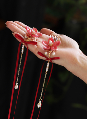 森系红色水仙花发梳仙女氛围感飘带蝴蝶结古风插梳流苏汉服头饰女
