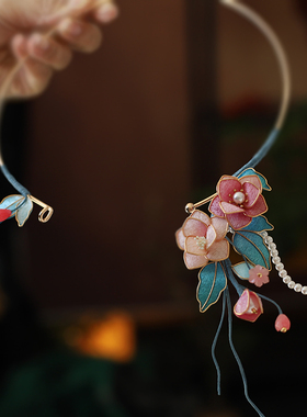 粉色牡丹花新中式项链手工绒布小众珍珠锁骨链气质旗袍项链仿绒花