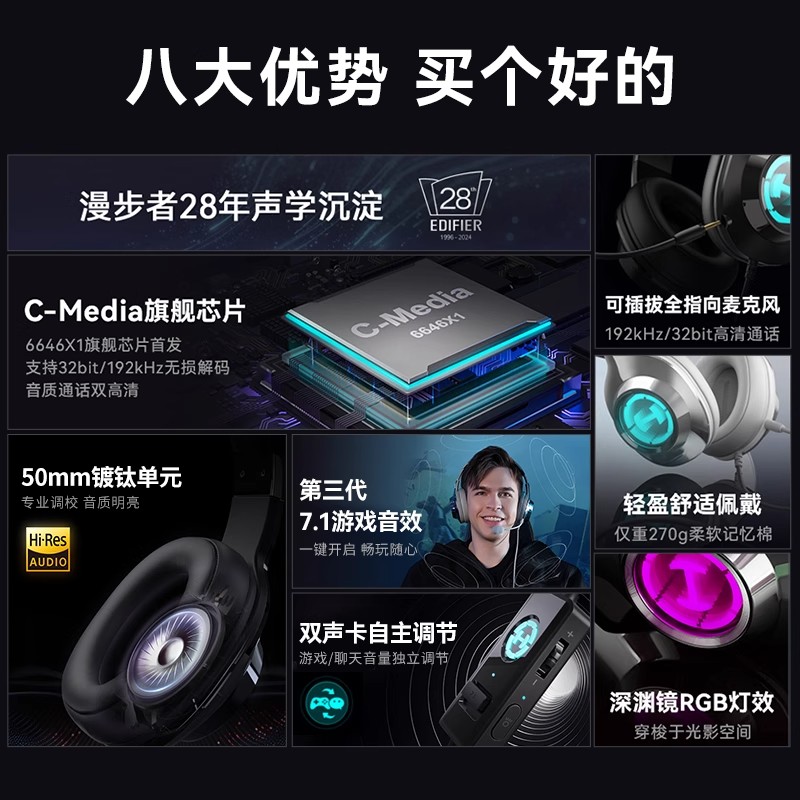 Edifier/漫步者 G2 PRO头戴式耳机台式笔记本电脑电竞游戏USB耳麦