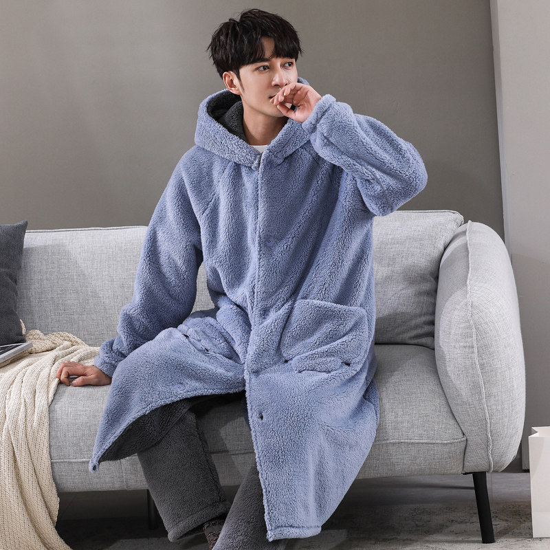 秋冬季珊瑚绒加绒加长款男士睡袍 沐子萌睡袍/浴袍