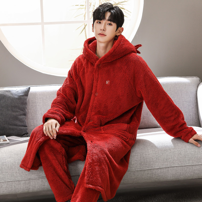 秋冬季珊瑚绒加绒加长款男士睡袍 沐子萌睡袍/浴袍