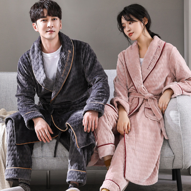 冬加绒情侣珊瑚绒男秋冬季长款睡袍 沐子萌睡衣/家居服套装
