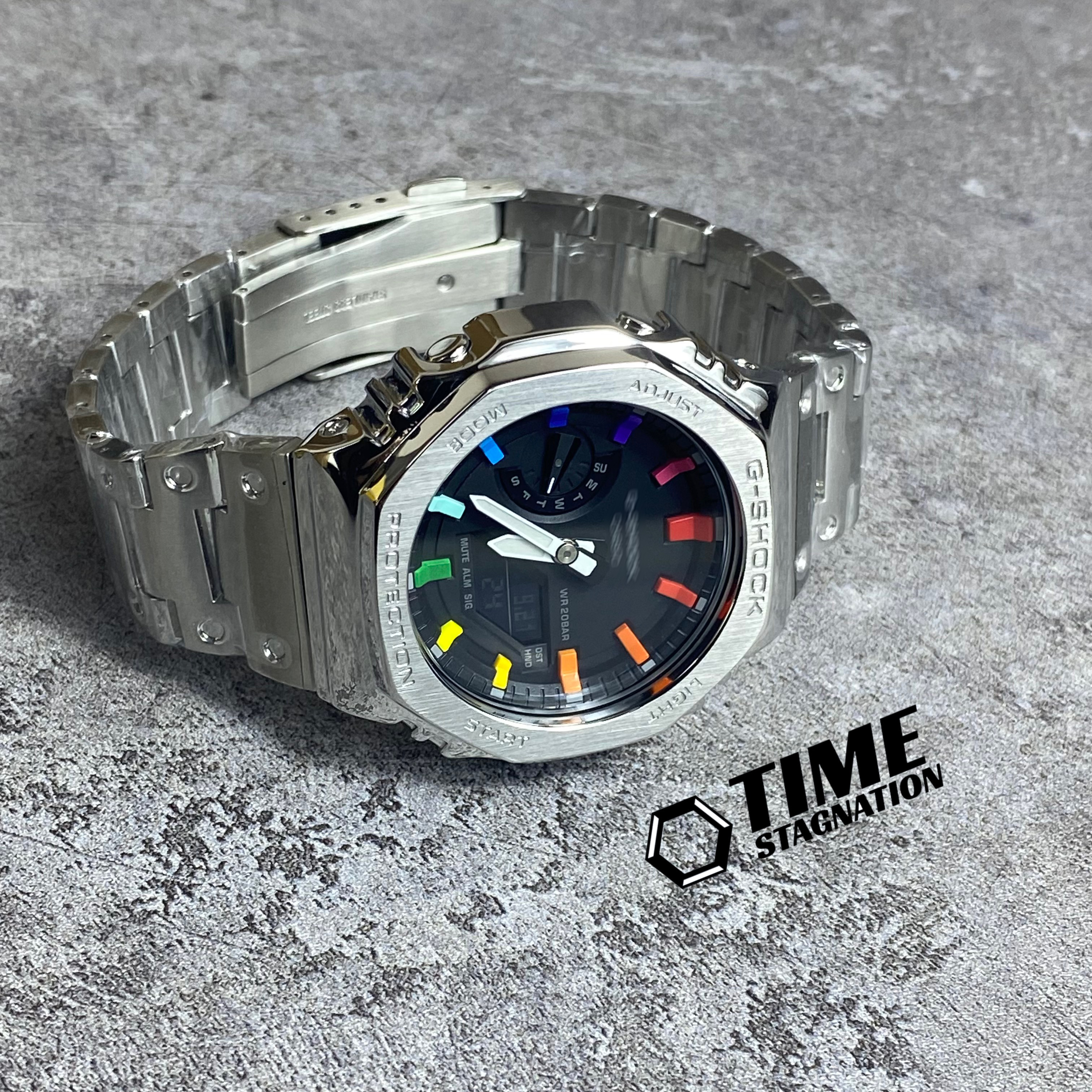 农家橡树改装GA2100小银块银砖彩虹配色成品定制手表时尚电子表 - 图0