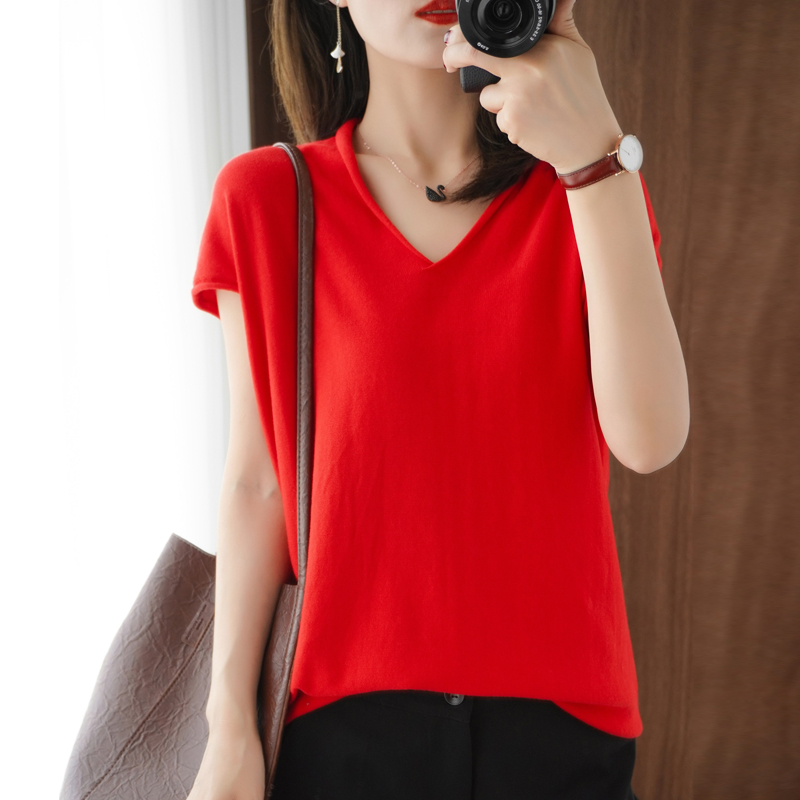 2020夏季新款纯棉麻v领短袖t恤 蔓芙妮丝T恤