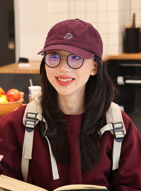 韩版刺绣鸭舌帽女夏潮简约洋气棒球帽显脸小帽子新款酒红色棒球帽