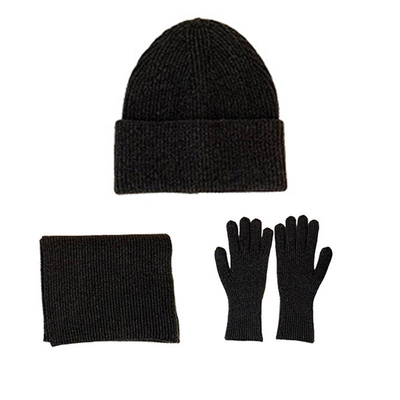 纯色针织毛线帽子围巾手套三件套秋冬大头围紫色保暖防风好看套装