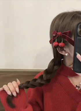 樱桃红色新年发夹蝴蝶结丝绒发饰