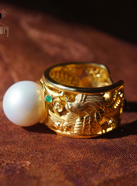 s925银镀金珍珠凤凰如意开口戒指