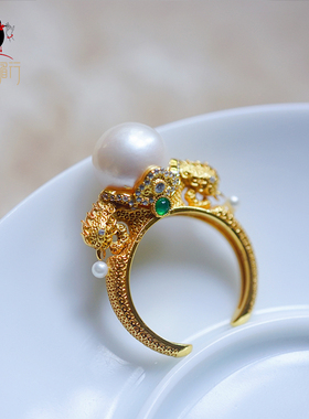 衣锦媚行 凤衔珠 原创设计925银镀金镶珍珠凤凰戒指国风