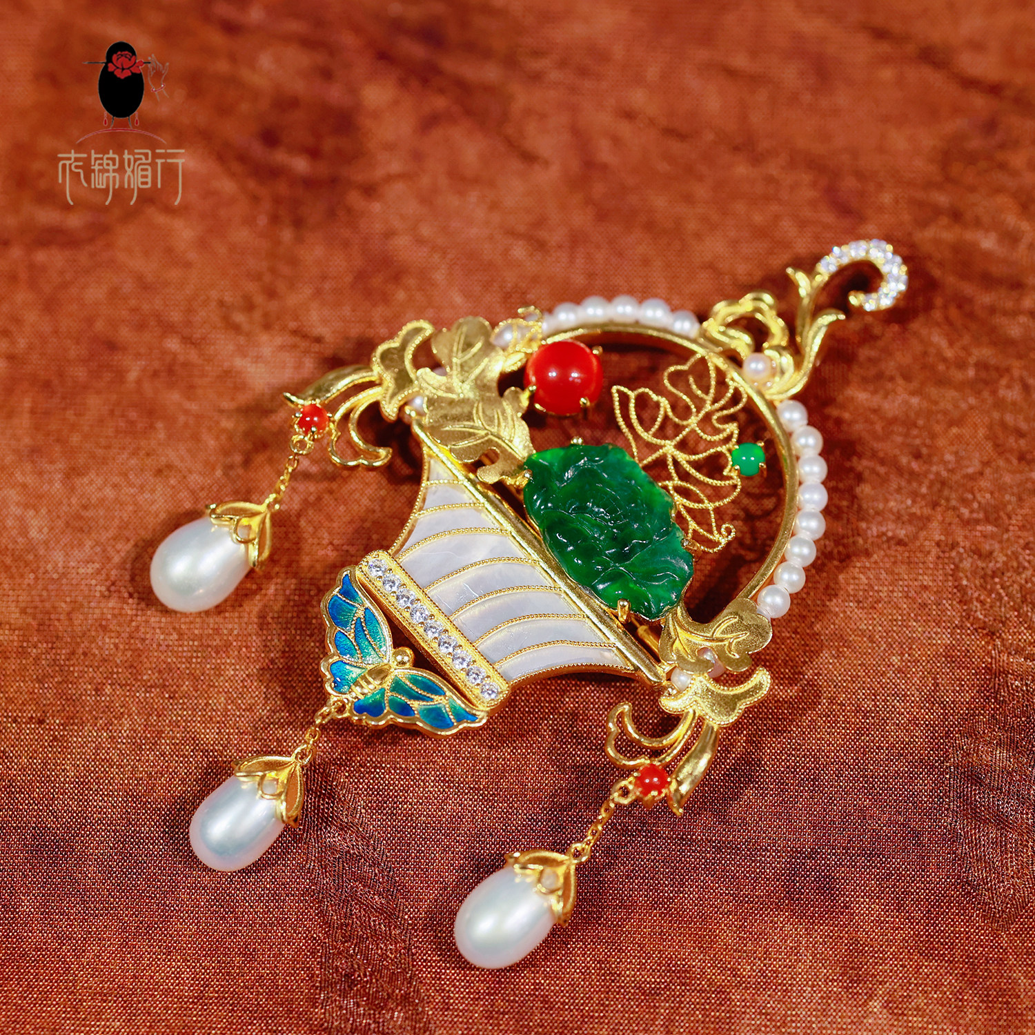 衣锦媚行原创设计s925银镀金翡翠牡丹花篮胸针吊坠复古胸饰新中式,淘宝优惠券,粉丝福利购,淘宝优惠卷