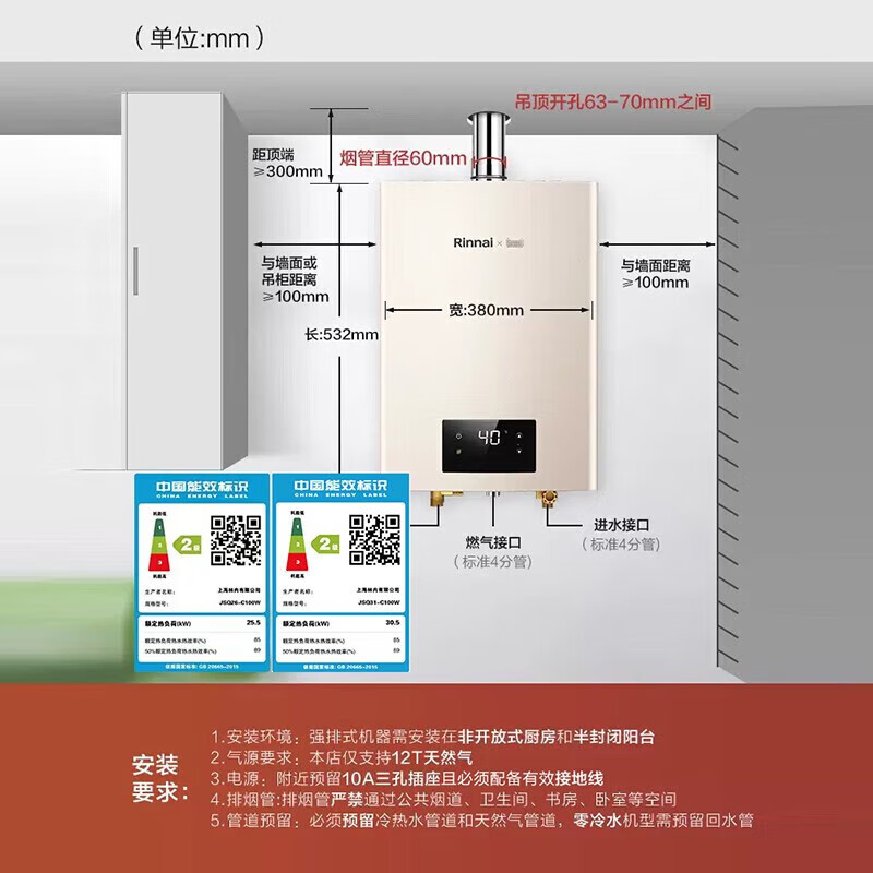 Rinnai/林内 13QC100W燃气热水器家用智能恒温天然气洗澡防冻抗风