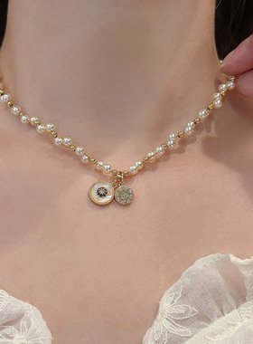 法式双层叠戴天然贝母珍珠项链女 轻奢小众新款感锁骨链配饰