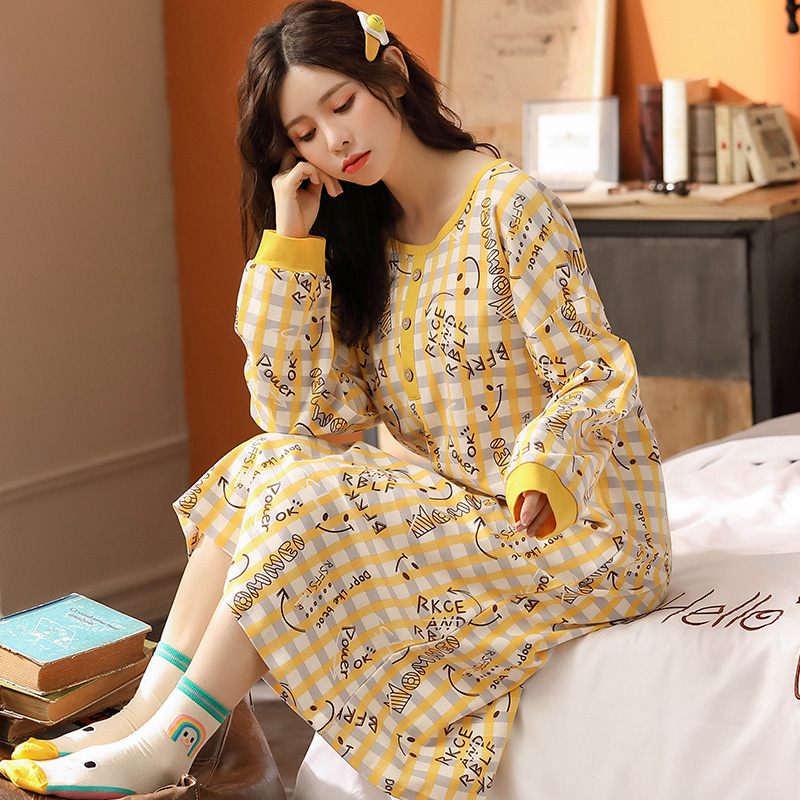 家语馨旗舰店睡裙女纯棉长袖春秋季加长款宽松大码薄款外穿裙T公主睡衣女2
