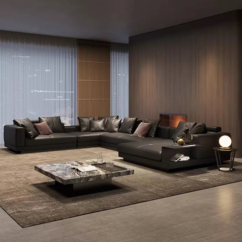 意式极简真皮沙发组合设计款异形转角沙发现代轻奢别墅客厅沙发-图1
