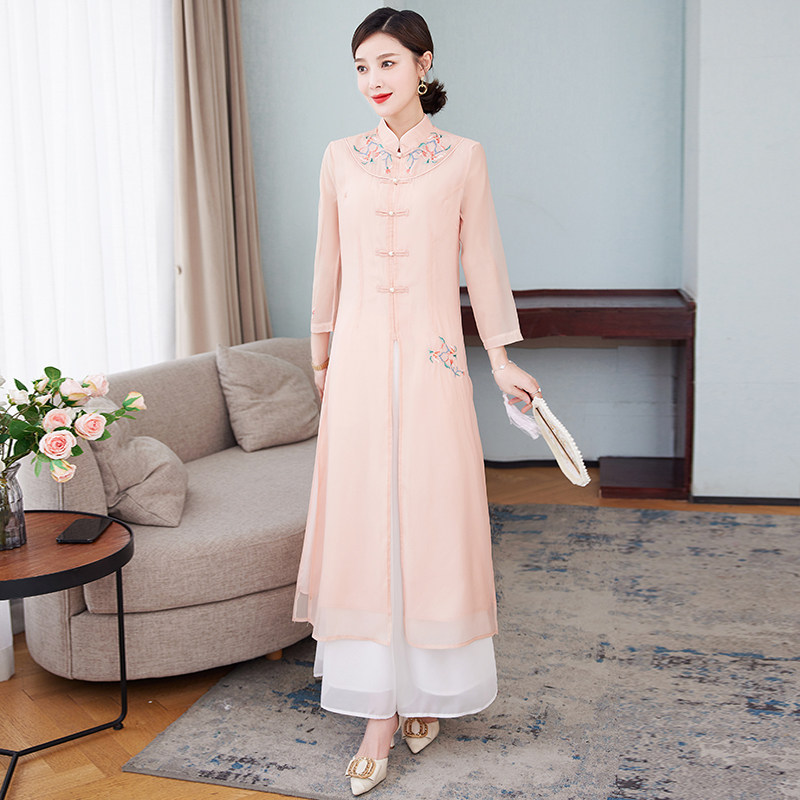 禅意中国风高端茶服春夏汉服旗袍 枫紫连衣裙