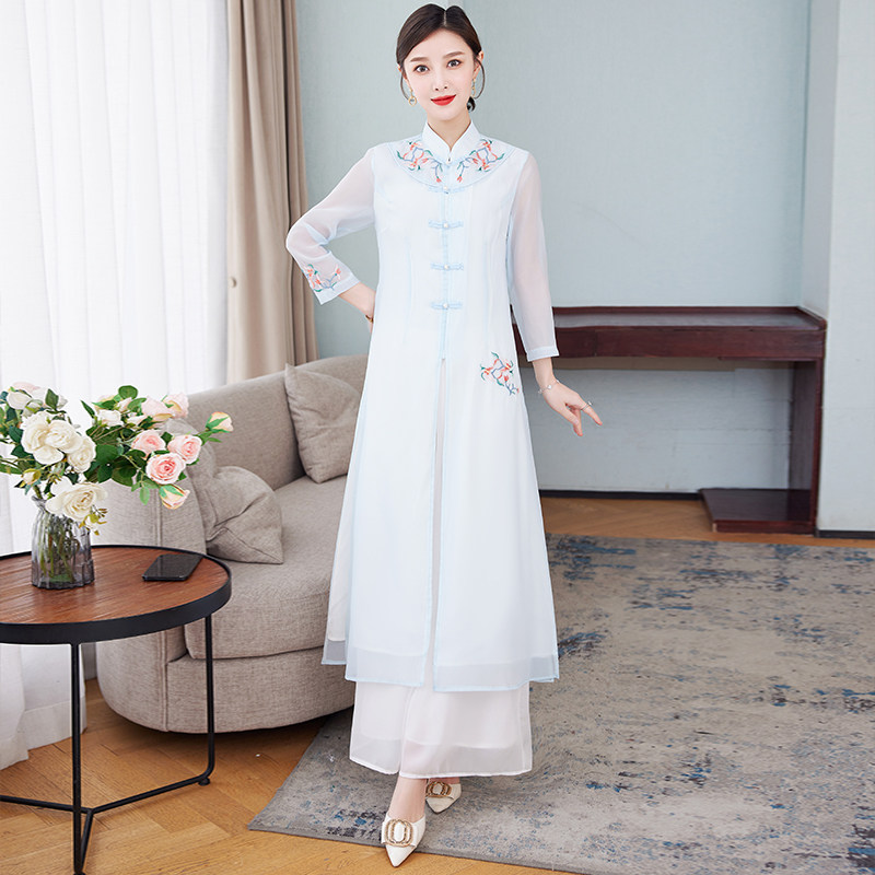 禅意中国风高端茶服春夏汉服旗袍 枫紫连衣裙