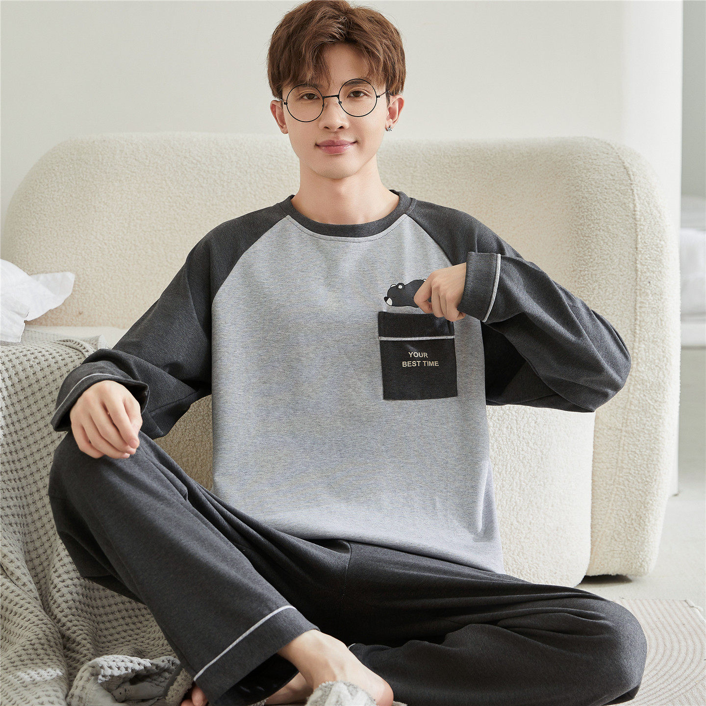 青少年睡衣男生秋季长袖纯棉大童男孩初中高中学生条纹家居服套装