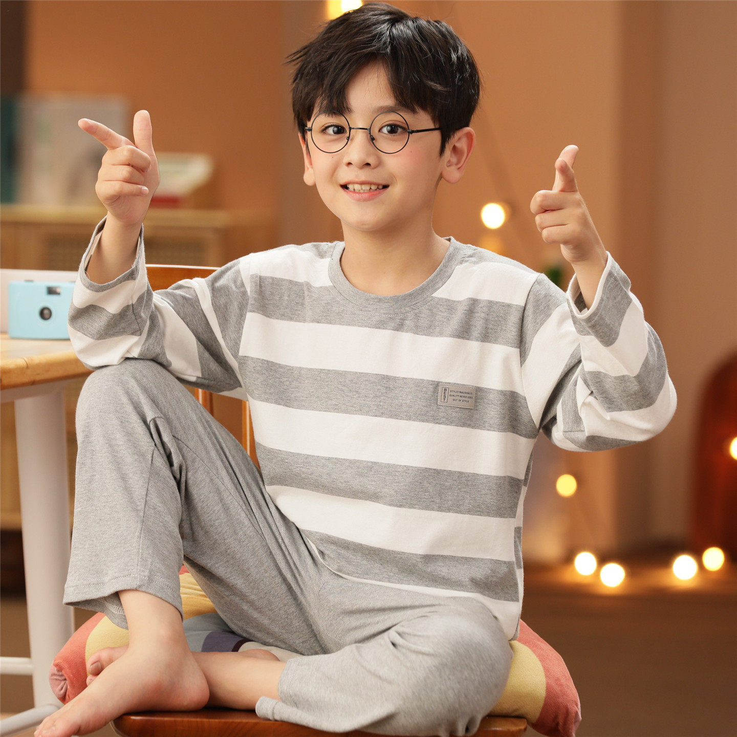 青少年男纯棉睡衣春秋季长袖初中学生中大童夏薄款家居服男生套装