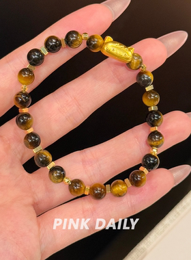 Pink Daily金色招财猫虎眼石手串女小猫猫咪可爱复古串珠手链手饰