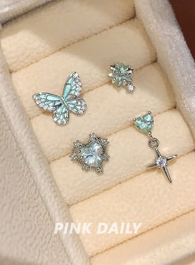 Pink Daily薄荷绿色小清新蝴蝶钛钢耳钉双耳洞搭配爱心耳骨钉耳饰