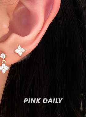 Pink Daily金色四叶草锆石吊坠钛钢耳钉耳环花朵耳骨钉高级感耳饰