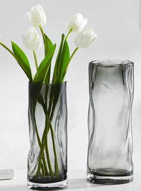 创意简约褶皱玻璃花瓶家居客厅装饰摆件鲜花水养百合花器
