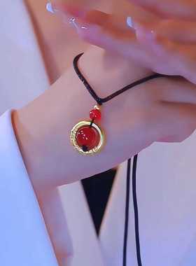 女黑绳绳子项链古法莲花平安扣