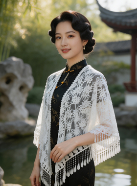 夏季新中式蕾丝镂空流苏三角披肩