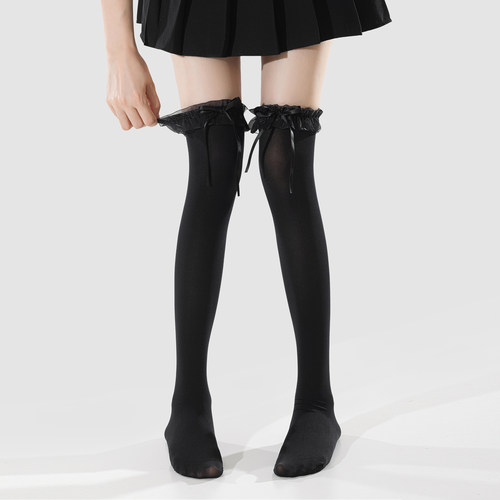 lolita白色小腿袜子女夏薄款花边蝴蝶结蕾丝黑高长筒压力jk过膝袜 - 图0