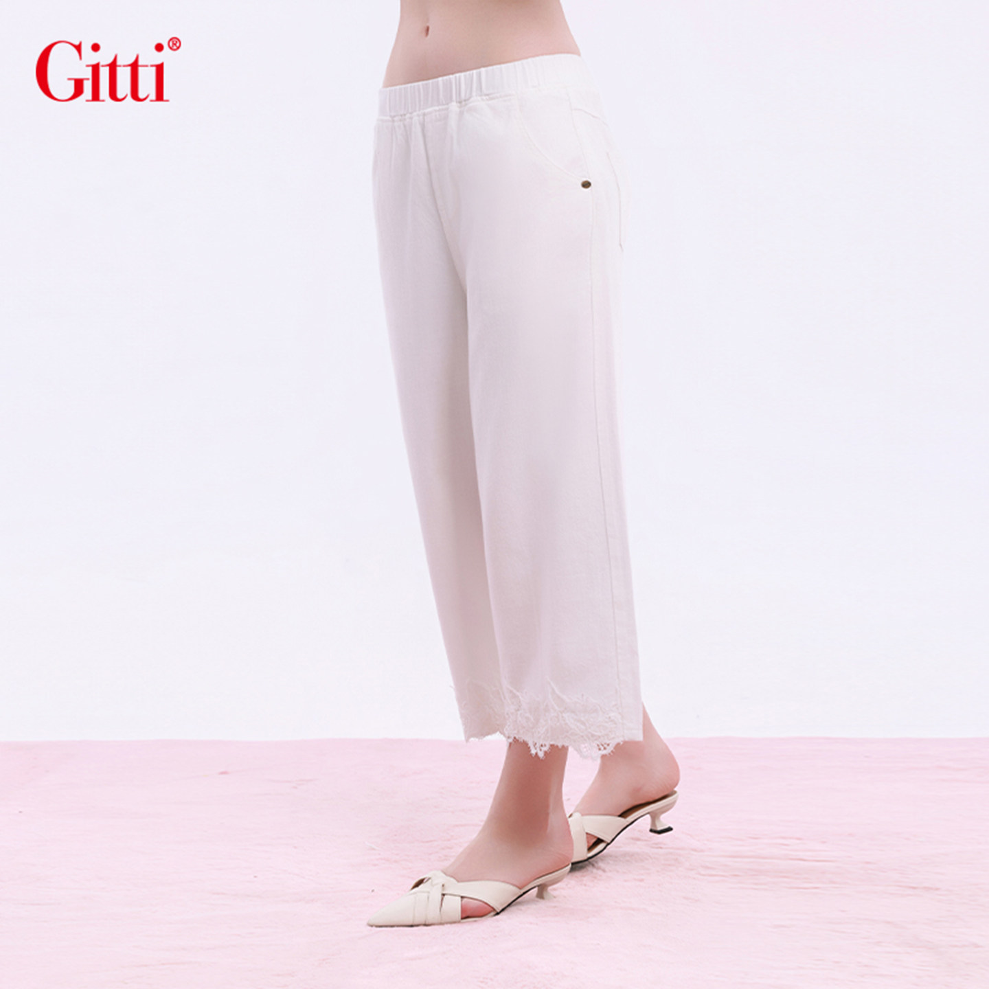 Gitti/吉蒂松紧腰蕾丝花边拼接裙裤女棉宽松大码阔腿裤G261067,淘宝优惠券,粉丝福利购,淘宝优惠卷