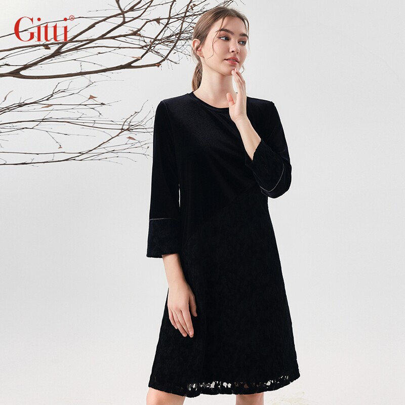 Gitti/吉蒂秋款丝绒喇叭袖H版型显瘦中袖花边拼接连衣裙G235235