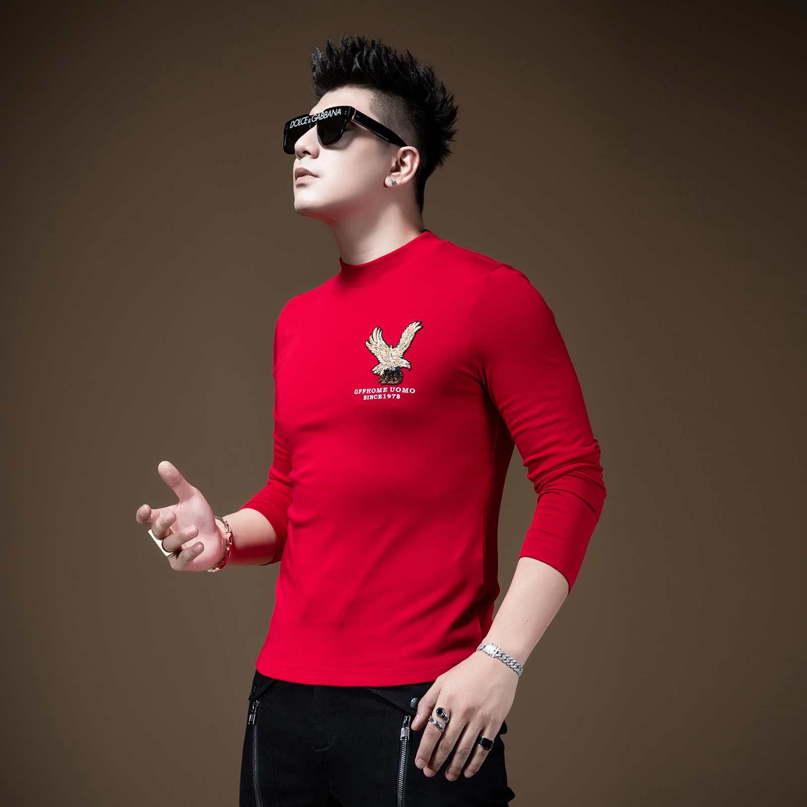 BM男士秋冬半高领打底衫男长袖t恤内搭潮ins卫衣老鹰刺绣潮牌港风 - 图1