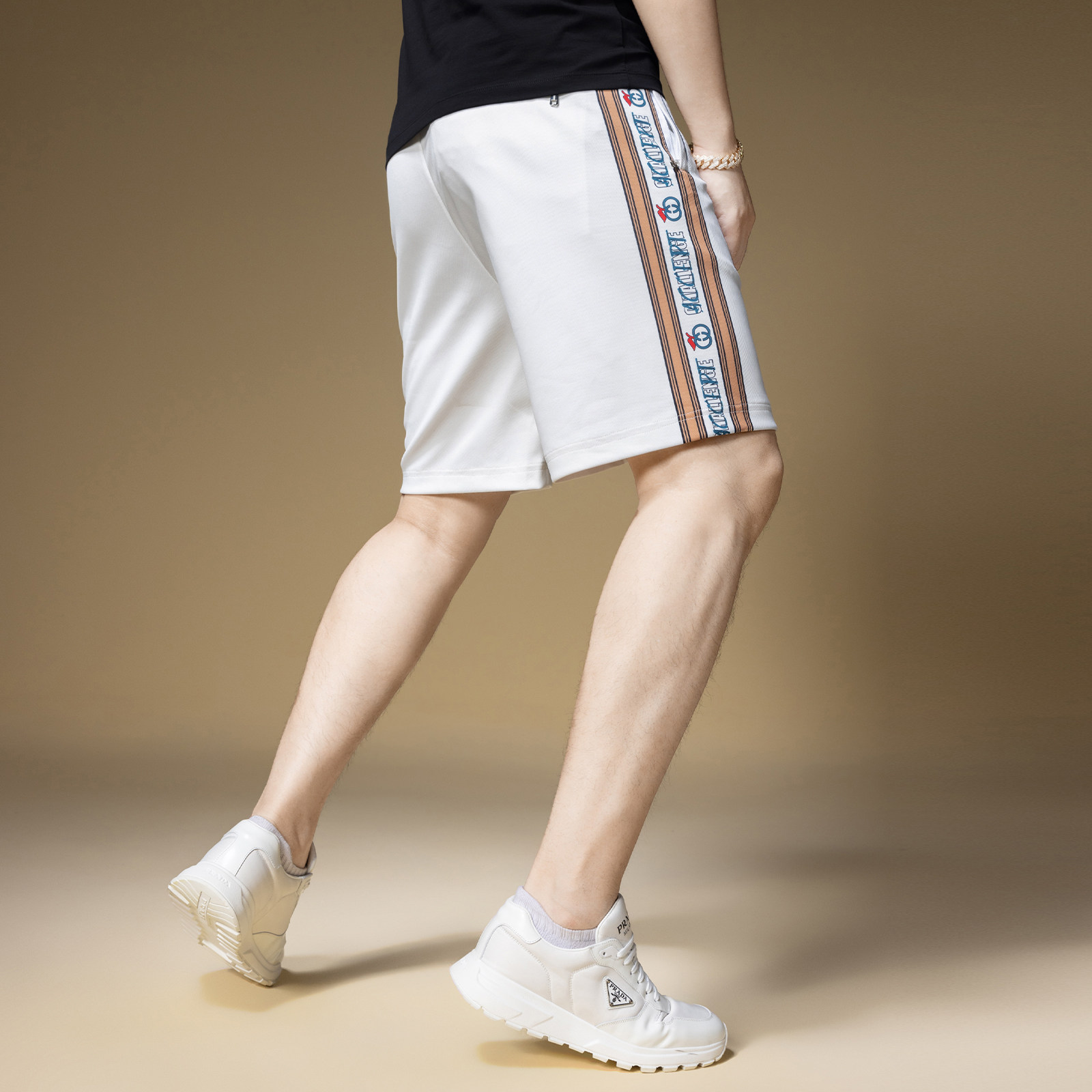 BM欧美式短裤男夏季2024新款侧条纹裤子男潮牌字母印花运动休闲裤,淘宝优惠券,粉丝福利购,淘宝优惠卷
