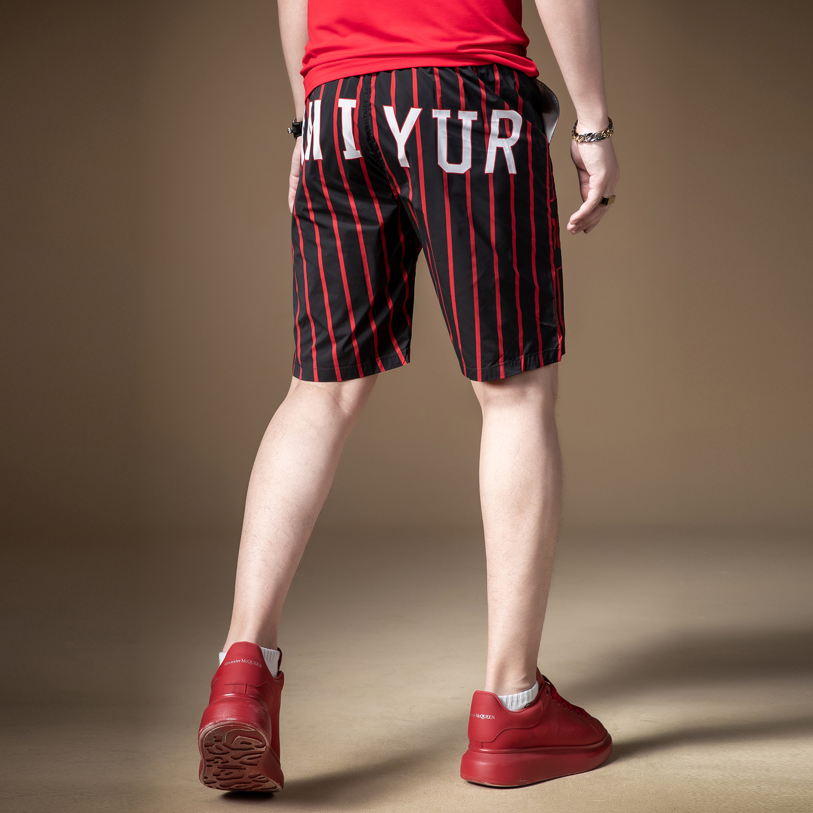 BM高街休闲裤子男潮牌百搭红黑条纹印花短裤男潮牌ins爆款沙滩裤,淘宝优惠券,粉丝福利购,淘宝优惠卷