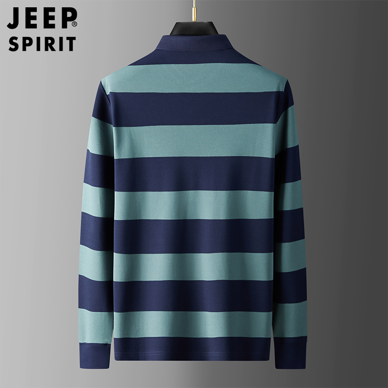 JEEP/吉普春秋季新品男士条纹POLO衫休闲时尚宽松修身长袖T恤上衣