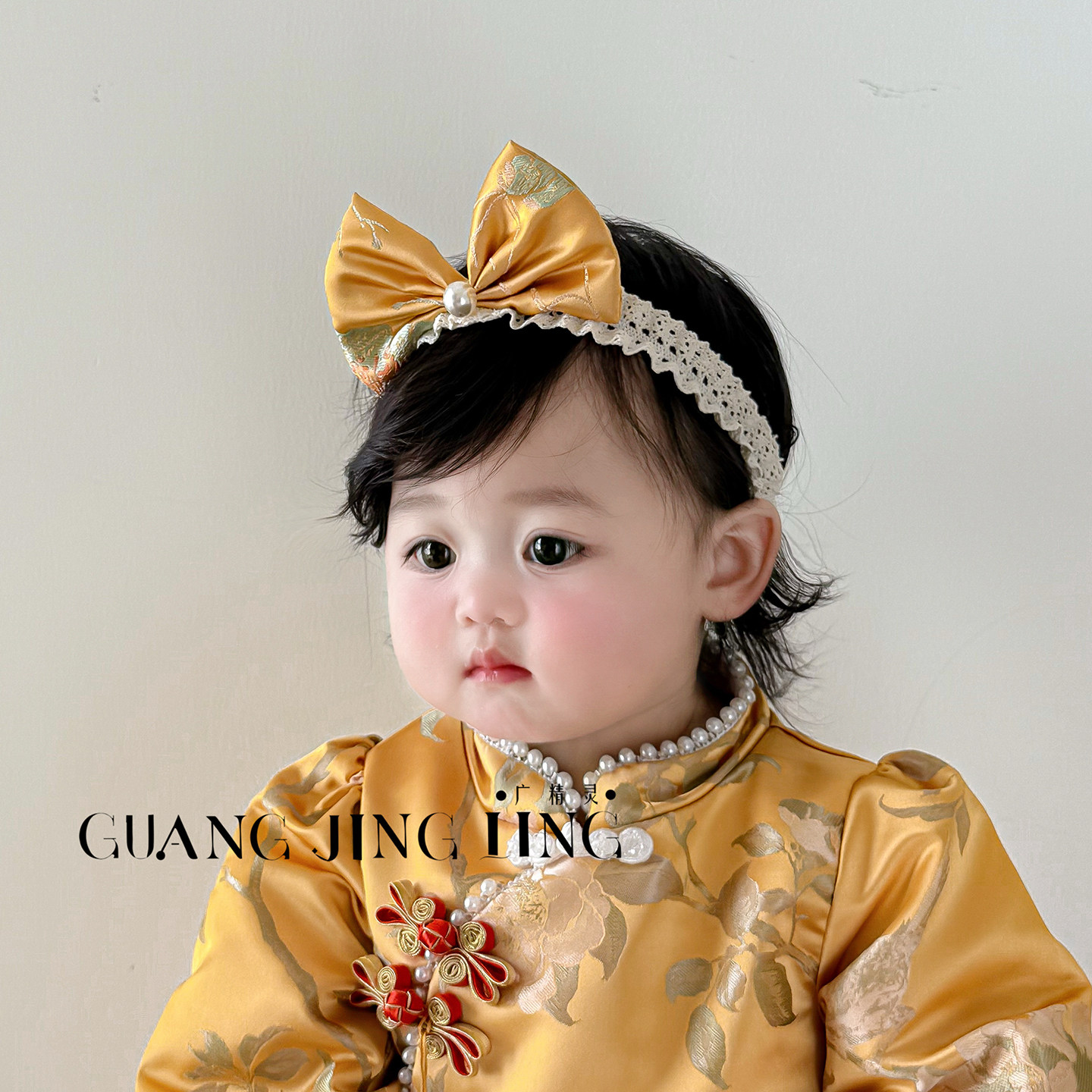 新中式国风金色女宝宝发带头饰婴儿百天周岁生日抓周唐装发箍配饰,淘宝优惠券,粉丝福利购,淘宝优惠卷