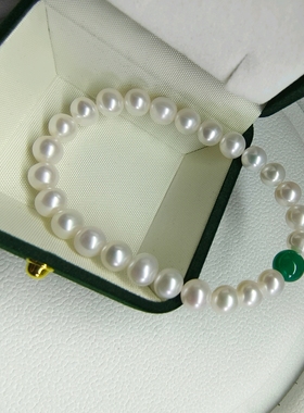 天然无核淡水珍珠手链近圆无暇强光手串绿玛瑙珍珠高档气质手串