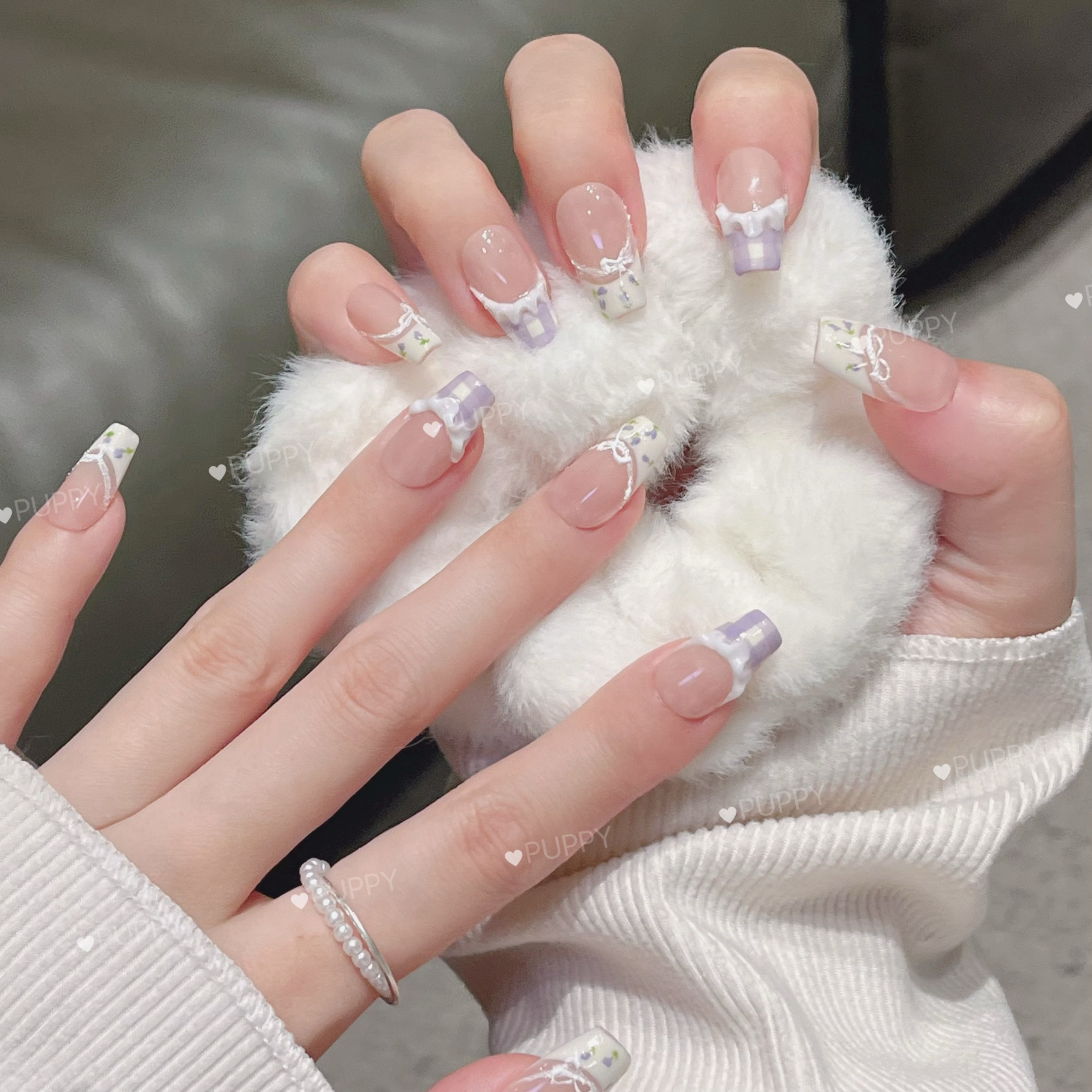 PUPPY家 碎花纯手工穿戴甲法式蕾丝边手绘紫色薰衣草紫色系美甲 - 图0