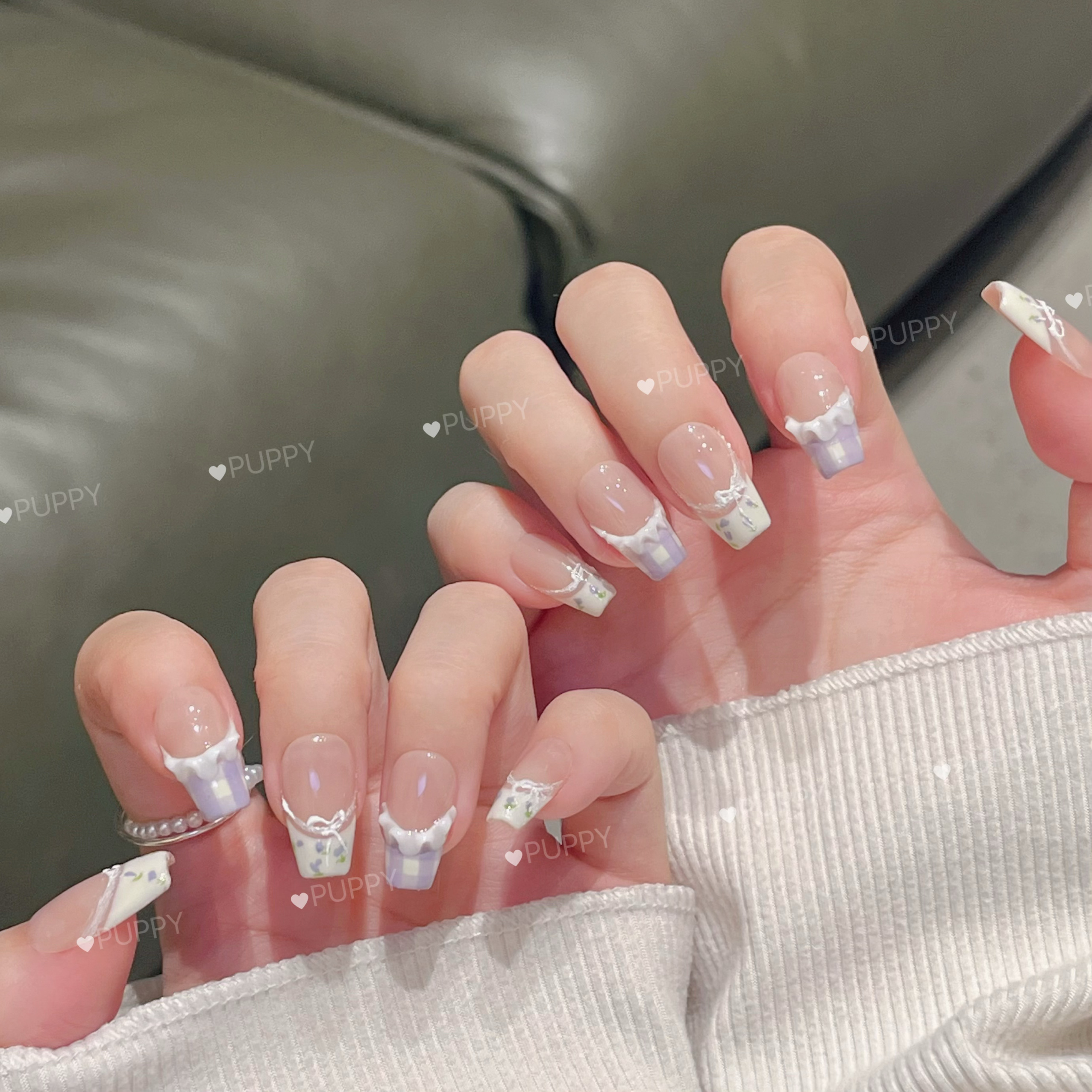 PUPPY家 碎花纯手工穿戴甲法式蕾丝边手绘紫色薰衣草紫色系美甲 - 图2