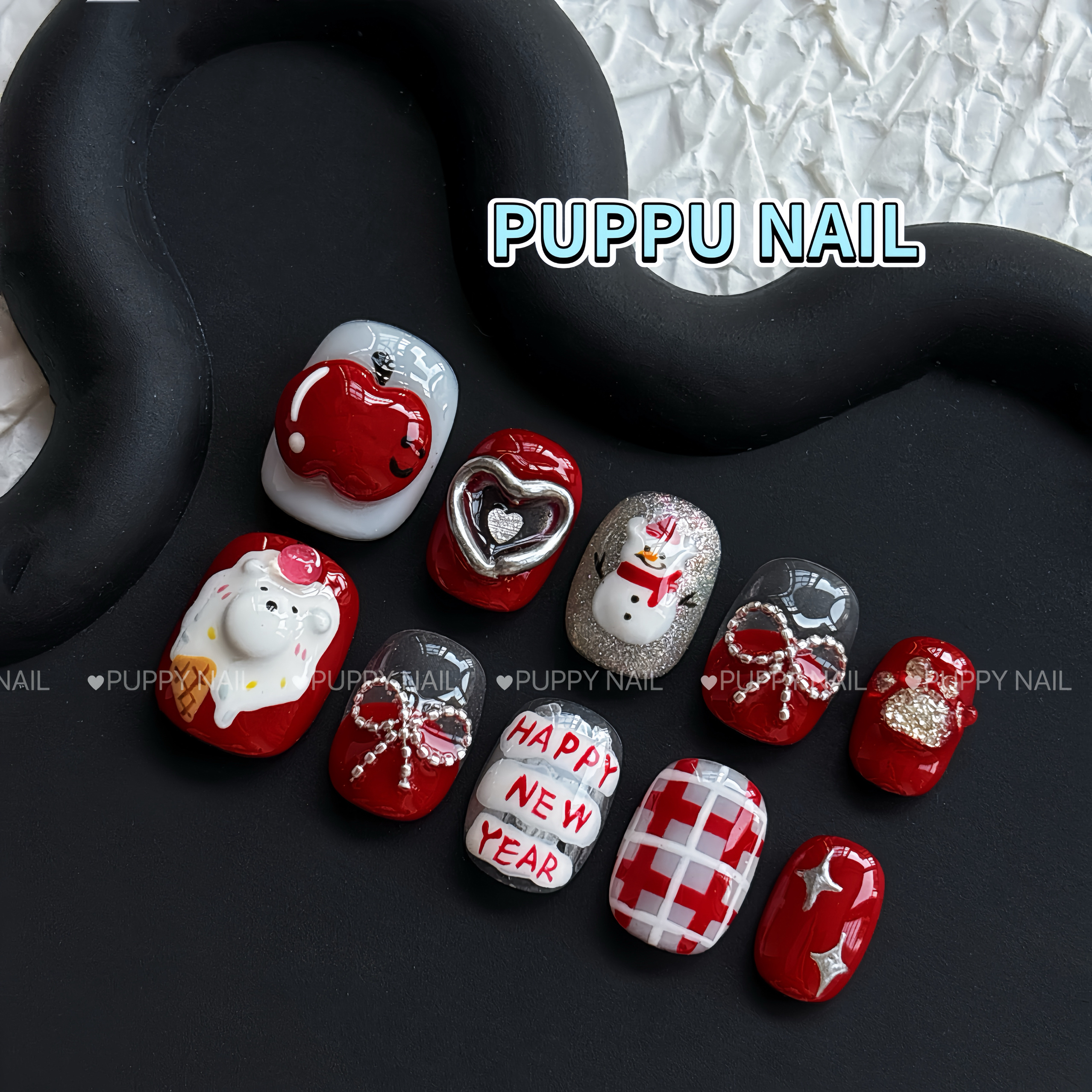 PUPPY家 苹果雪人新年穿戴甲红色显白卡通手绘捏捏秋冬圣诞美甲 - 图1