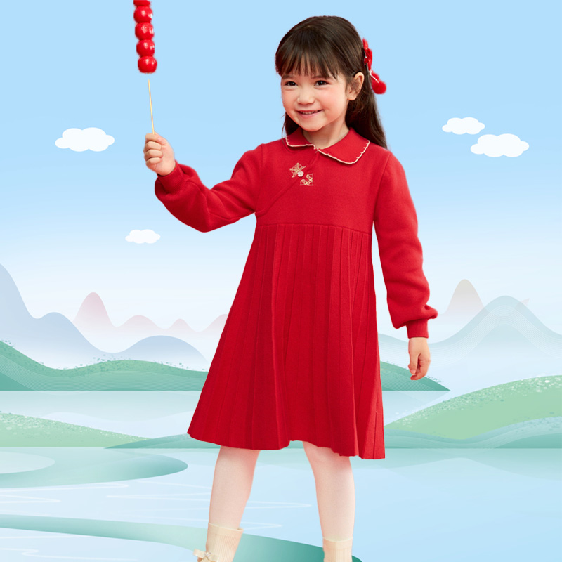 巴拉巴拉儿童连衣裙女童2025新款春装小童新中式连衣裙红色百褶裙