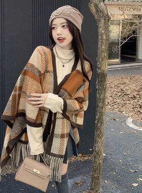 英伦格子韩版披肩斗篷外套围巾毛毯办公室外搭女秋冬2026新1009r