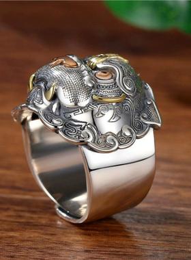 原创貔貅戒指男潮开口复古泰银男士指环招财个性饕餮纹单身戒