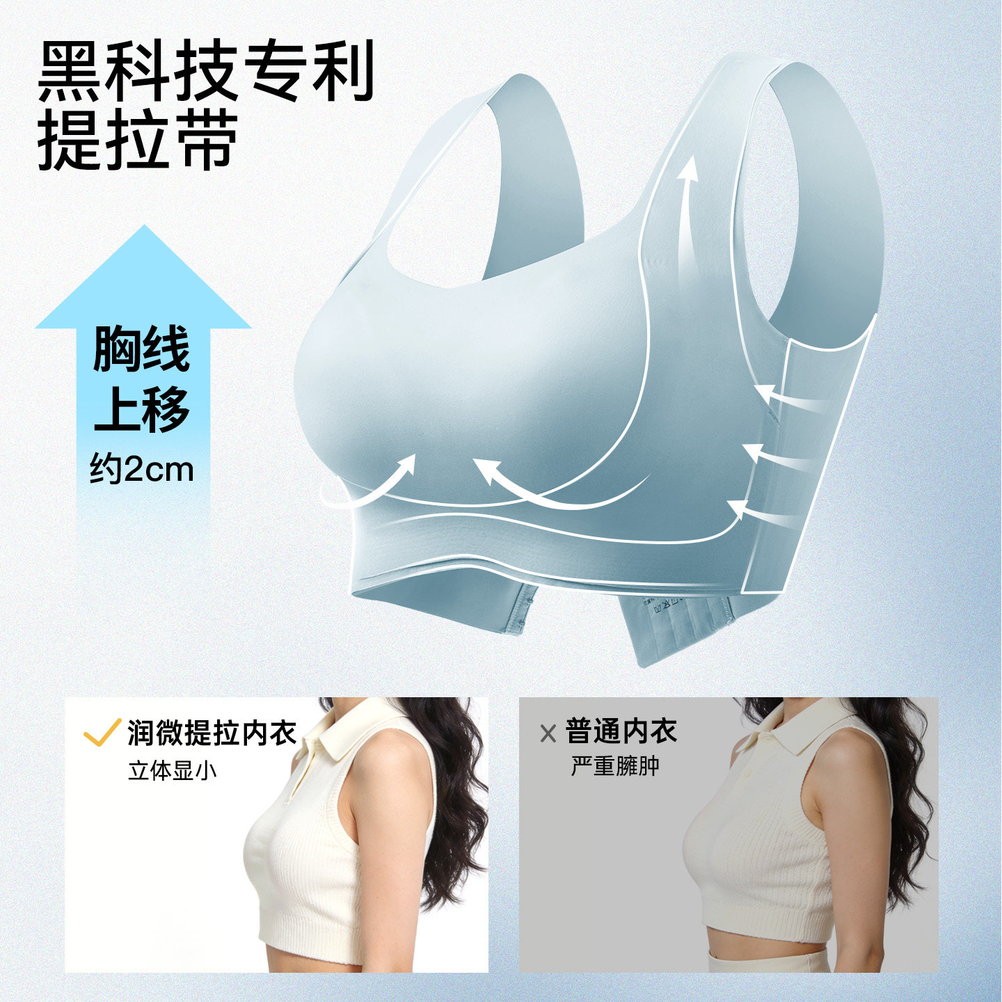 润微提拉女王内衣女大胸显小无痕收副乳大码调整防下垂无钢圈文胸