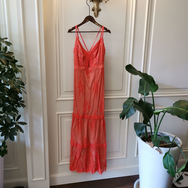 RYS* 美国 设计师 小众 橘色 蕾丝 超长连衣裙  XING感 迷人 - 图0